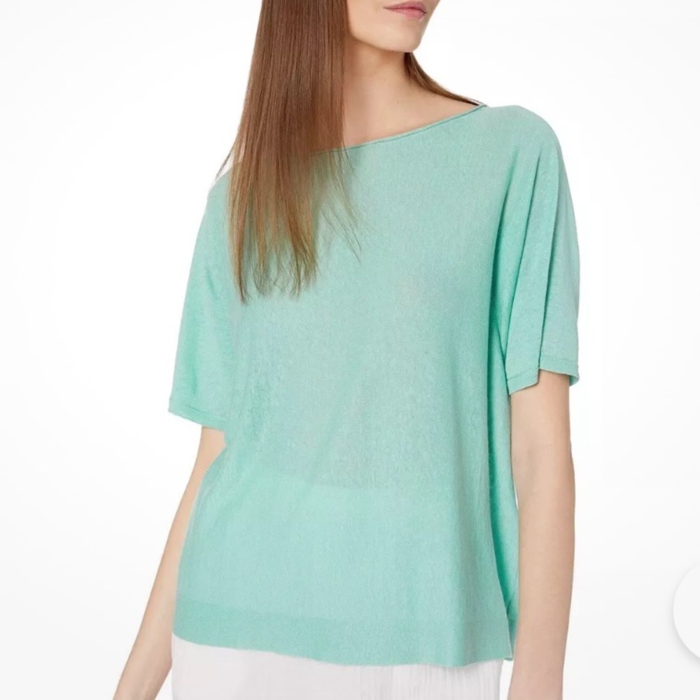 Eileen Fisher Organic Linen Cotton Bateau Neck Top Calypso Green Sz Small
